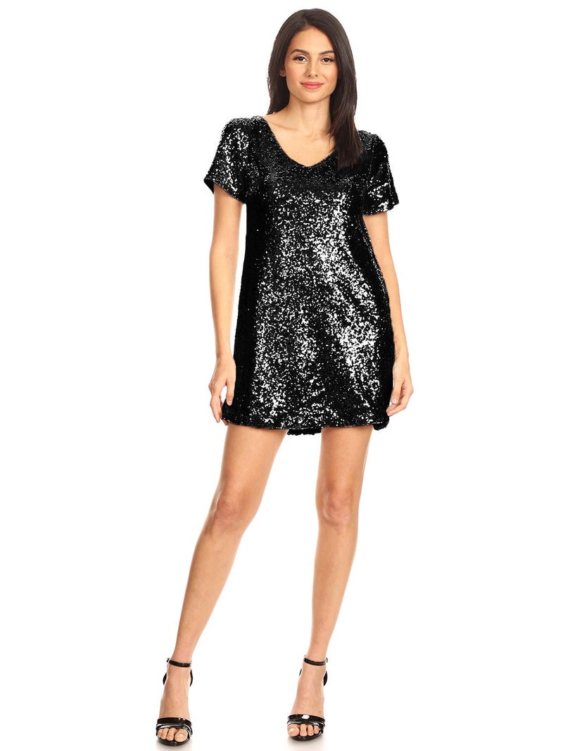 Anna-Kaci Women's Short Sleeve V-Neck Sequin Shift T-Shirt Mini Dress, Black, Medium - Image 1